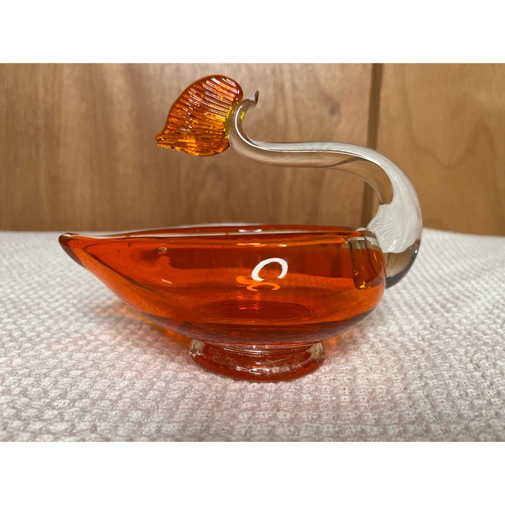 Vintage MCM Orange‎ Glass Swan Candy / Trinket Dish